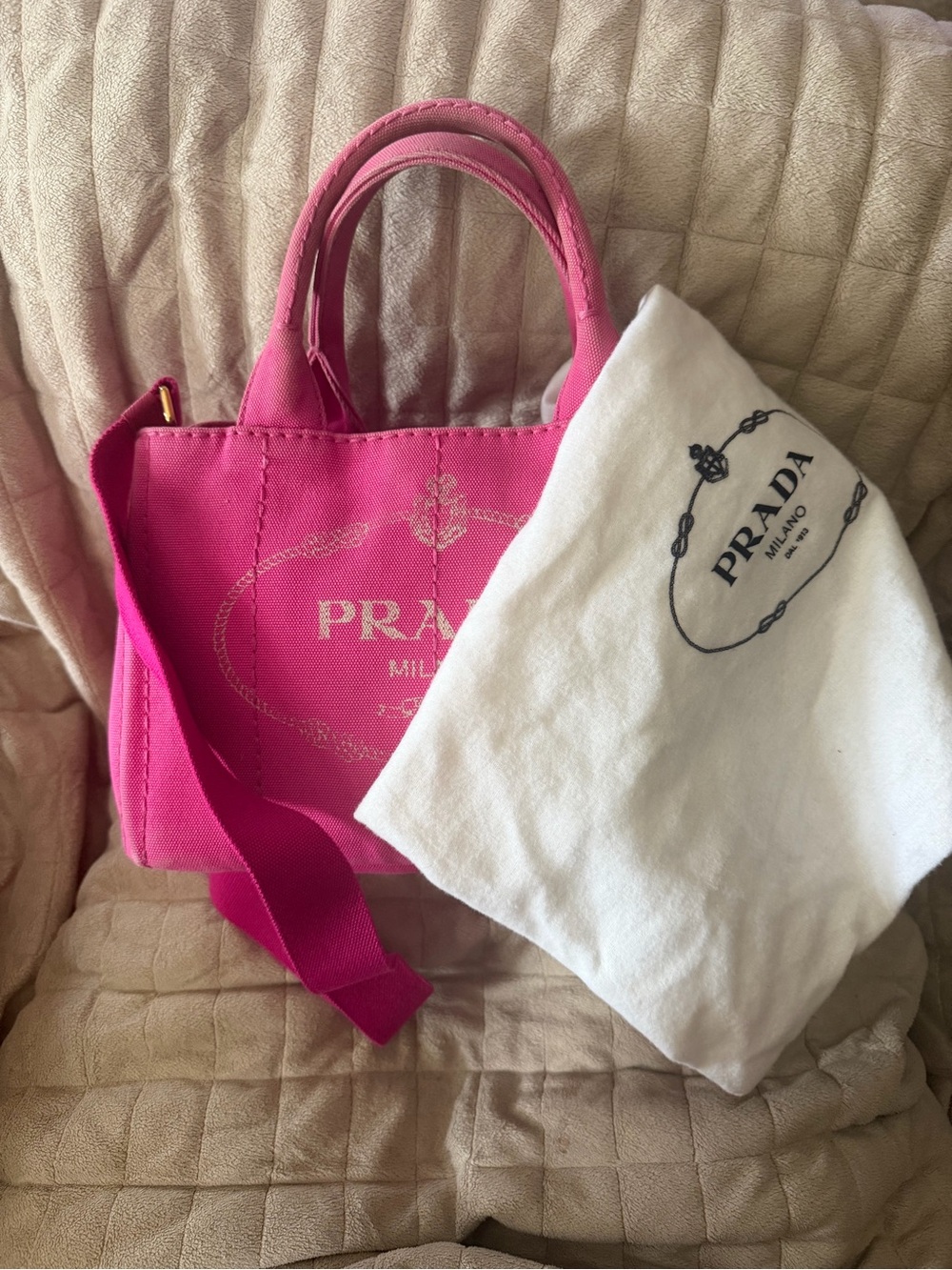PRADA Hot Pink Cannapa Canvas Crossbody Tote Bag
